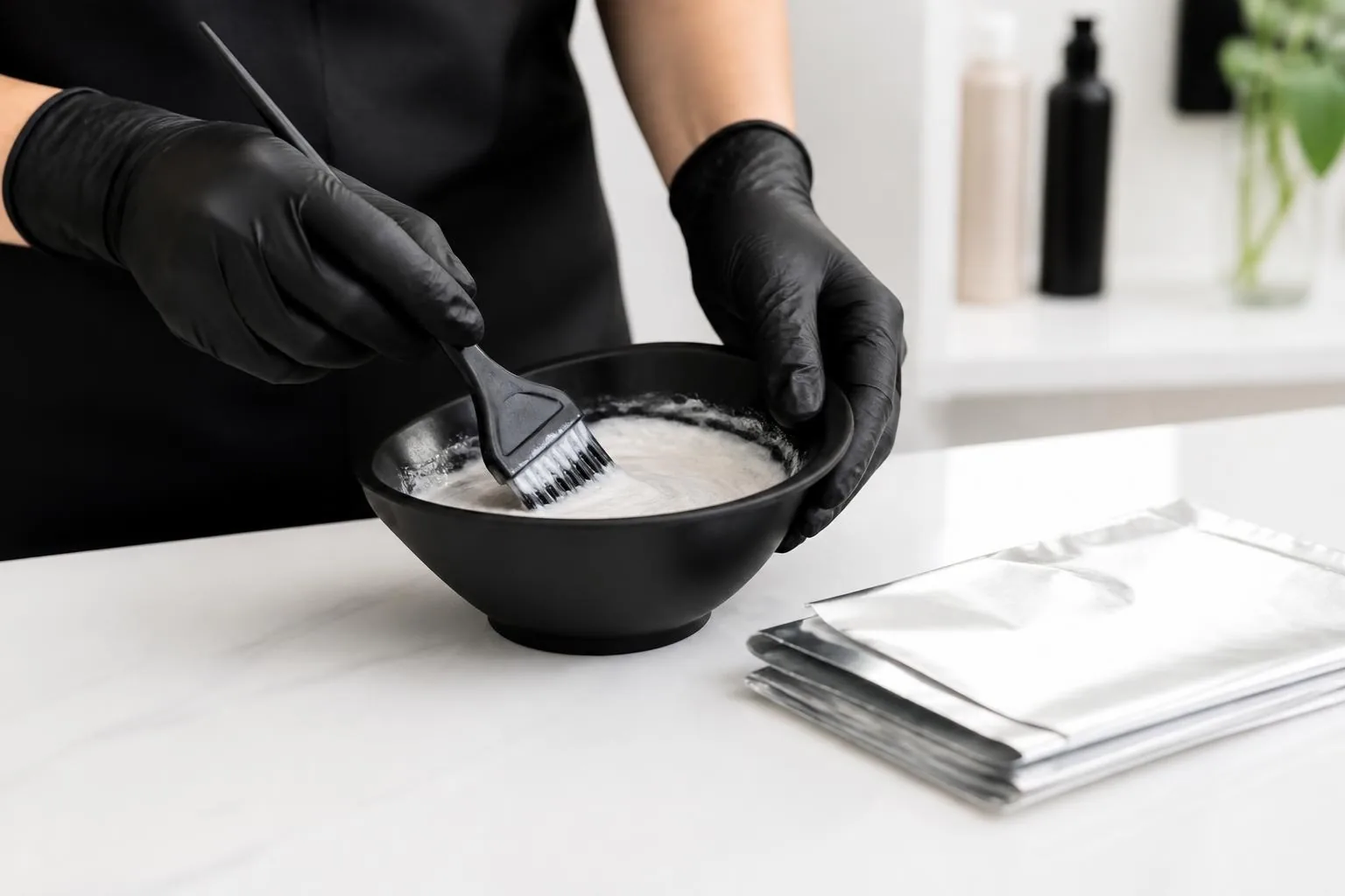 Mani con guanti neri che preparano il colore in una ciotola