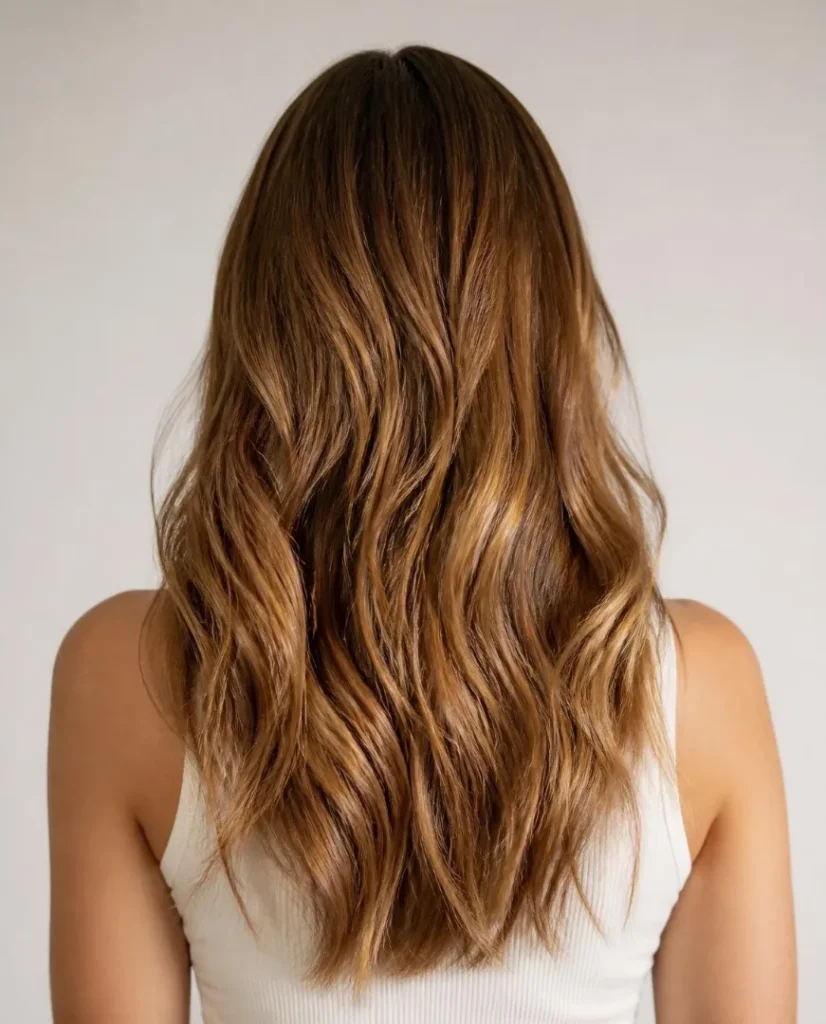 Lunghi capelli castano miele con onde morbide, visti da dietro