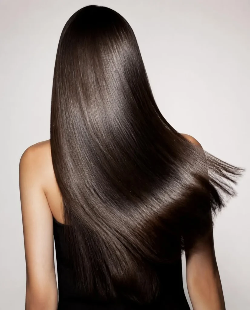 Piega liscia lucidissima su capelli lunghi castano scuro
