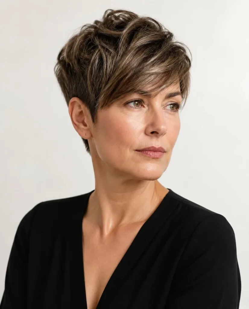 Taglio pixie corto e scalato con frangia laterale