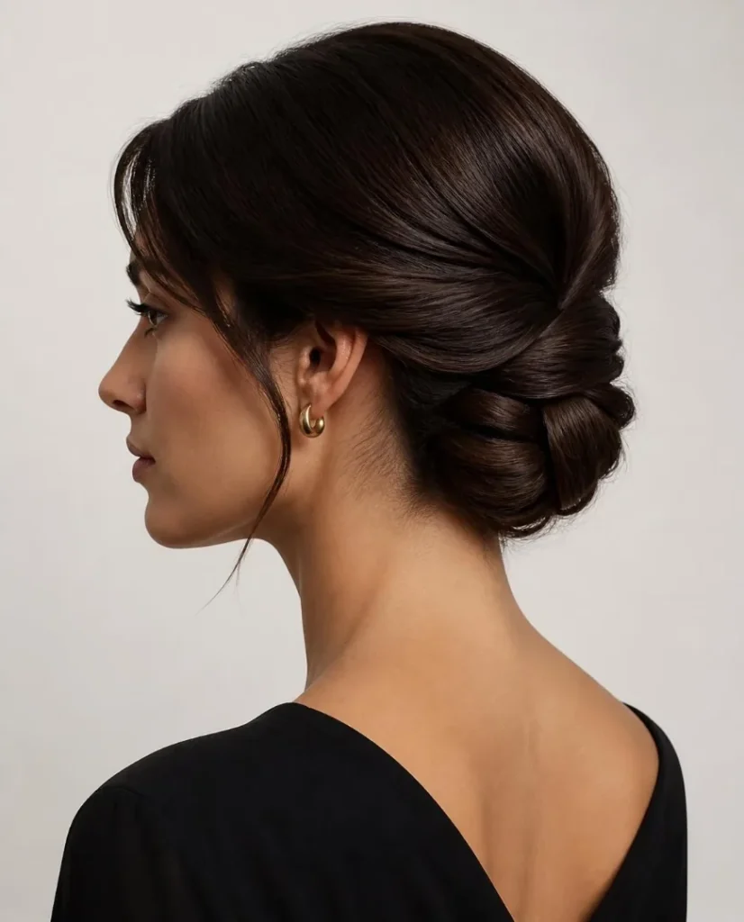 Raccolto basso elegante su capelli castano scuro, di profilo