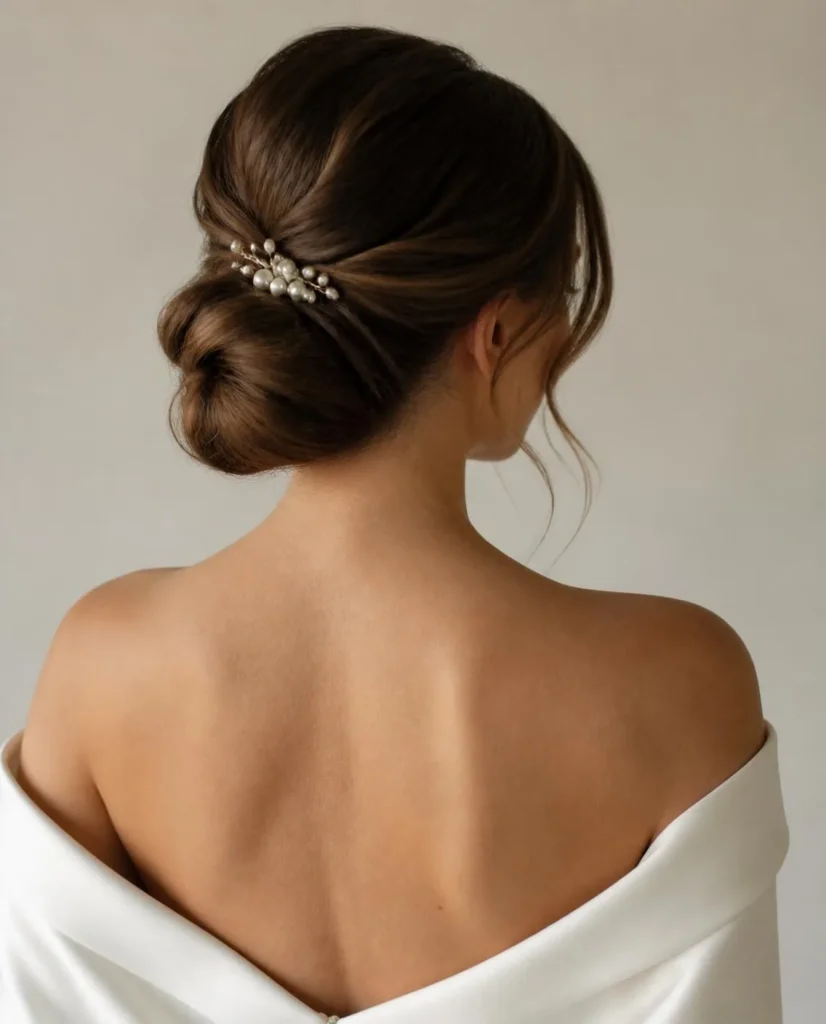 Raccolto basso da sposa con fermaglio di perle, visto da dietro